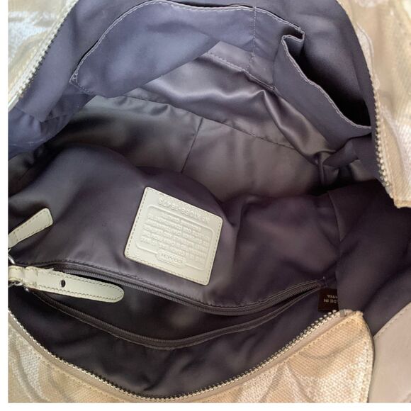 Coach Signature Stripe Tote Bag Beige Gold Canvas Leather Trim Shoulder Purse - Picture 9 of 12